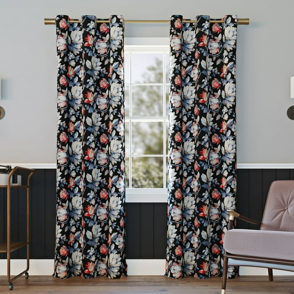 Sun Zero Irma Vintage Floral Blackout Grommet Curtain Panel, 40"X63", Black
