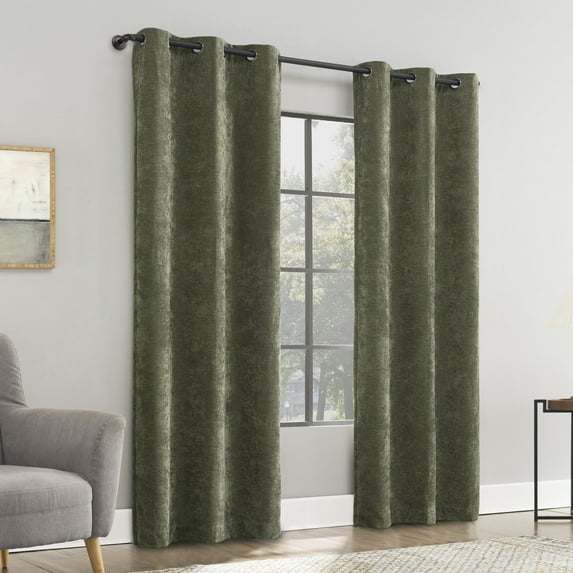 Sun Zero Isidora Velvet Magnetic Closure 100% Blackout Grommet Curtain Panel, 40"W x 96"L, Olive Green