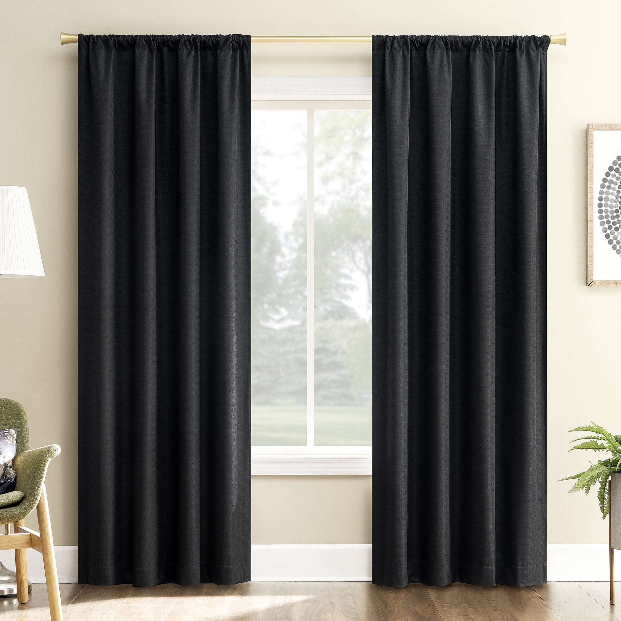 Sun Zero Karina Textured Blackout Rod Pocket Curtain Panel, 40"W x 63"L, Black