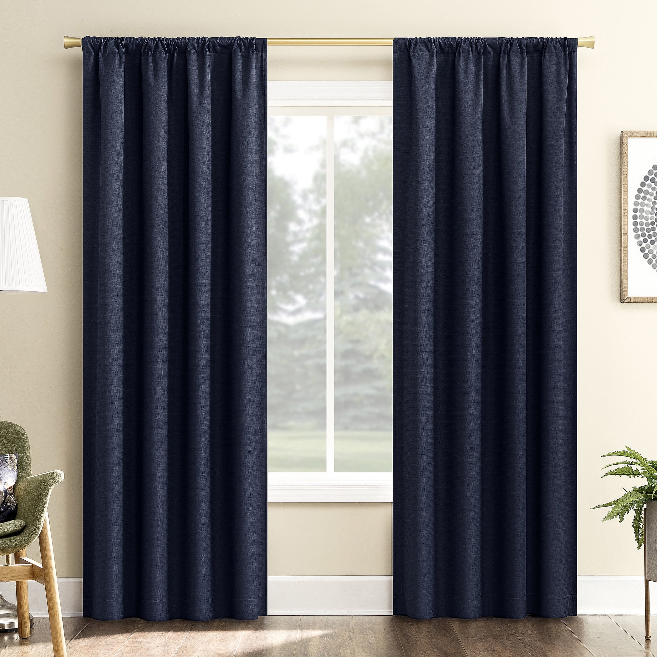 Sun Zero Karina Textured Blackout Rod Pocket Curtain Panel, 40"W x 84"L, Navy Blue