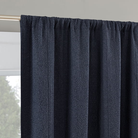 Sun Zero Medina 2-pack Woven Damask 100% Blackout Rod Pocket Curtain Panel Pair, Navy, 50"W x 84"L (2 Panels)