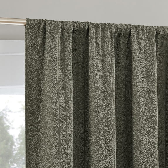 Sun Zero Medina 2-pack Woven Damask 100% Blackout Rod Pocket Curtain Panel Pair, Olive, 50"W x 84"L (2 Panels)