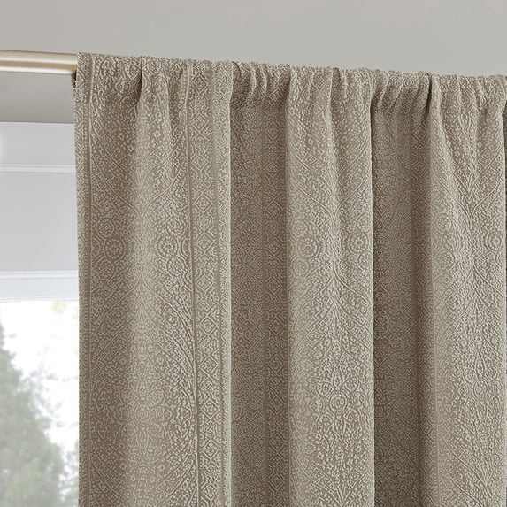 Sun Zero Medina 2-pack Woven Damask 100% Blackout Rod Pocket Curtain Panel Pair, Oatmeal, 50"W x 84"L (2 Panels)