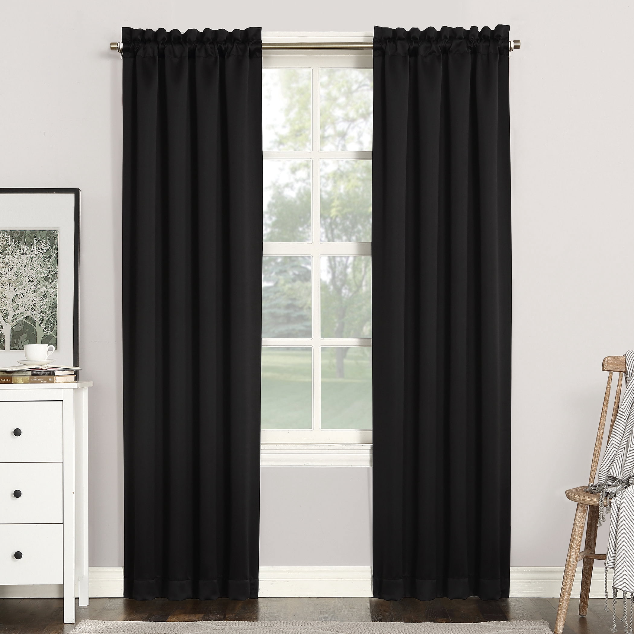 Sun Zero Nolan Energy Saving Blackout Rod Pocket Curtain Panel, 40"W x 108"L, Black