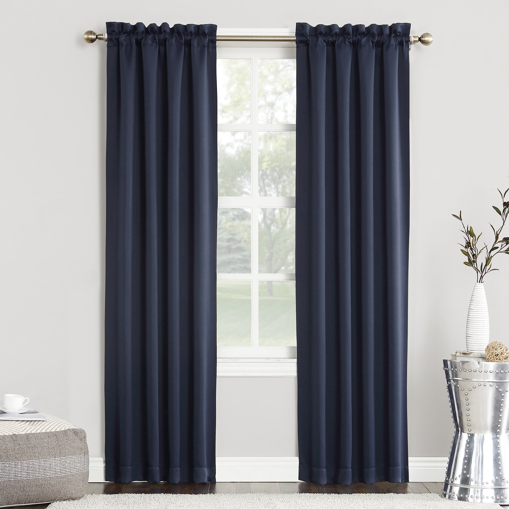 Sun Zero Nolan Energy Saving Blackout Rod Pocket Curtain Panel, 40"W x 108"L, Navy Blue