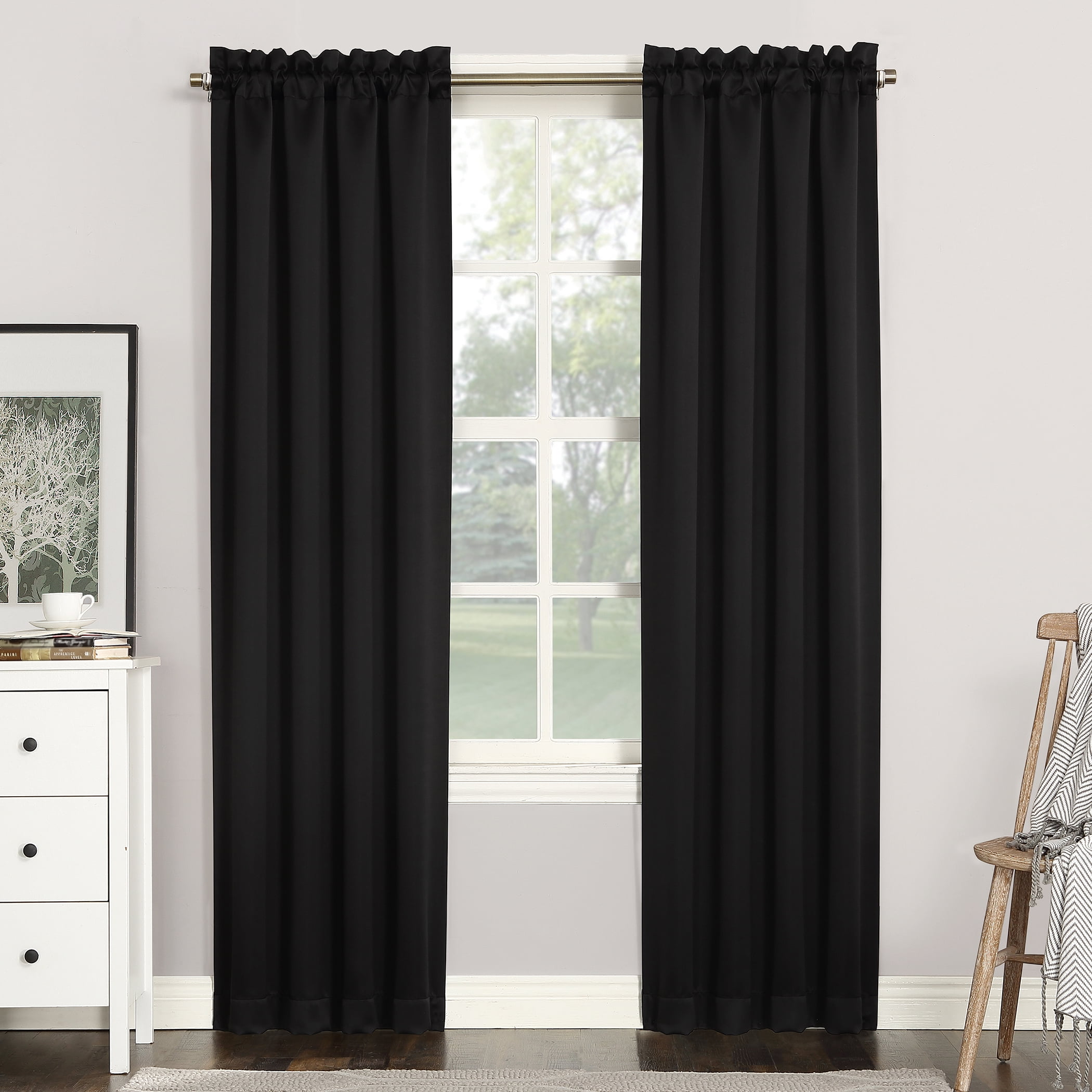 Sun Zero Nolan Energy Saving Blackout Rod Pocket Curtain Panel, 40"X84", Black (Single Panel)