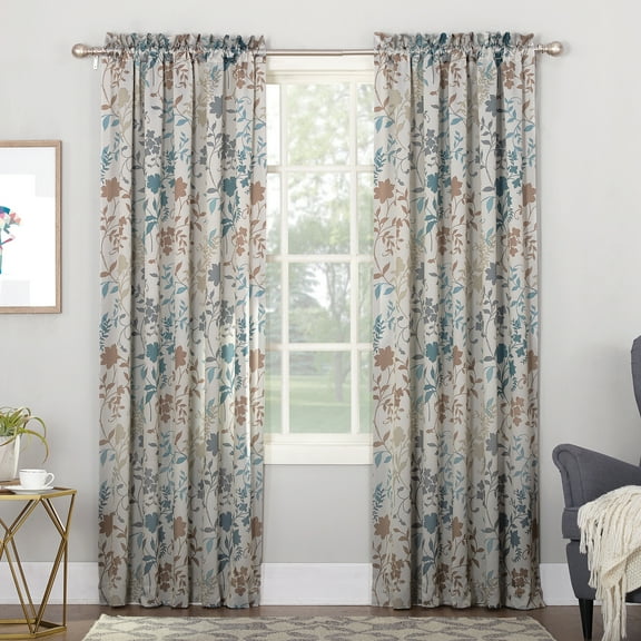 Sun Zero Oakland Rod Pocket Room Darkening Floral Print Window Single Curtain Panel, 54" X 63", Stone, 54"X63", Stone