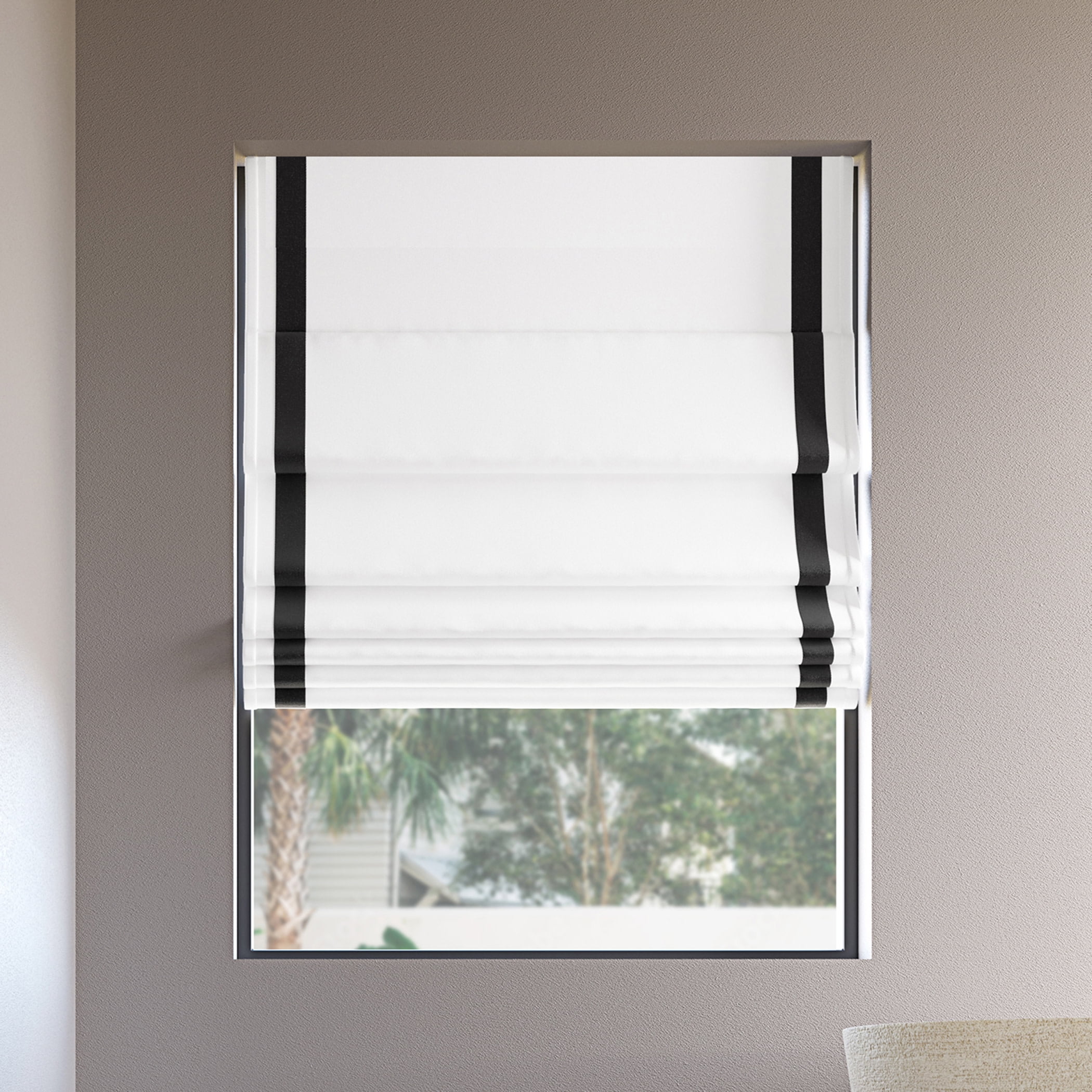 Sun Zero Olander Black Ribbon Border 100% Blackout Cordless Roman Shade, 31"W x 64"L, Black