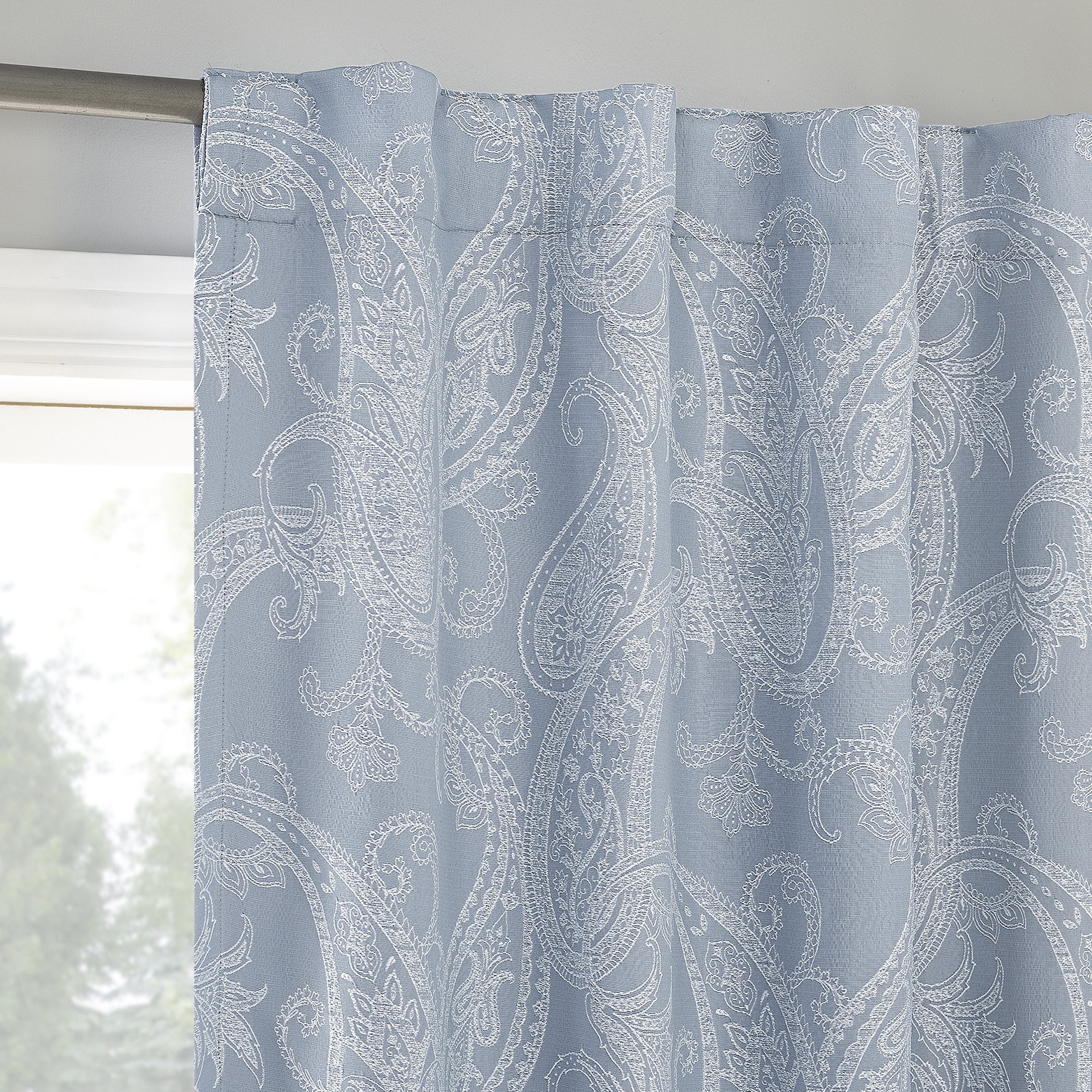 Sun Zero Pedra Paisley Embroidery 100% Blackout Back Tab/Rod Pocket Curtain Panel, 40"W x 96"L, Tranquil Blue