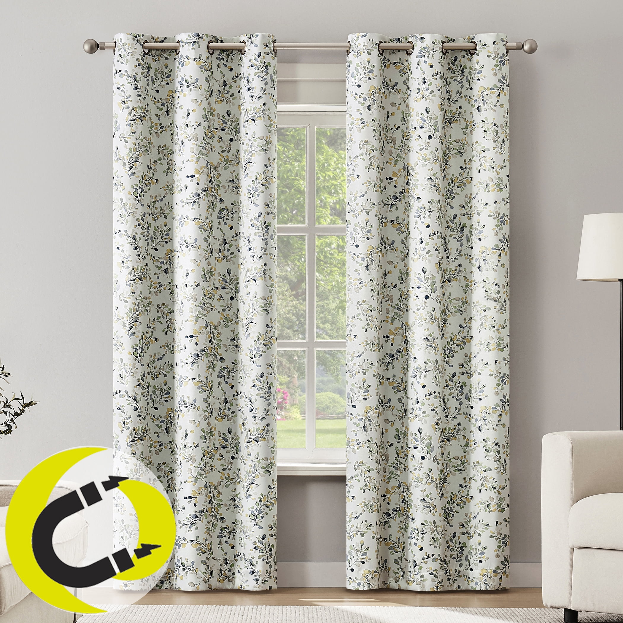 Sun Zero Quincy 2-pack Painted Foliage Magnetic Closure 100% Blackout Grommet Curtain Panel Pair, 40"W x 84"L, Blue