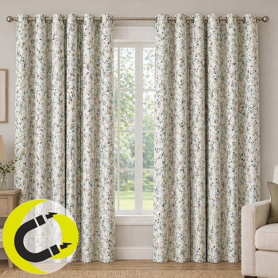 Sun Zero Quincy 2-pack Painted Botanical Magnetic Closure 100% Blackout Grommet Curtain Panel Pair, 40"W x 84"L, Blue