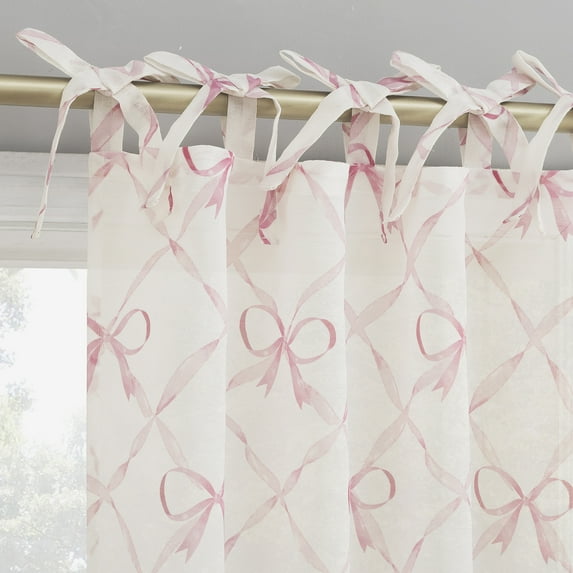 Sun Zero Romy Generation Lattice Bows Sheer Tie Top Curtain Panel, 50"W x 63"L, Pink