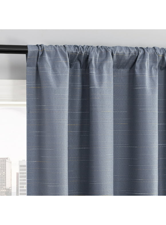 Sun Zero Sylvan Slub Stripe 100% Blackout Rod Pocket Curtain Panel, 40"x63", Denim