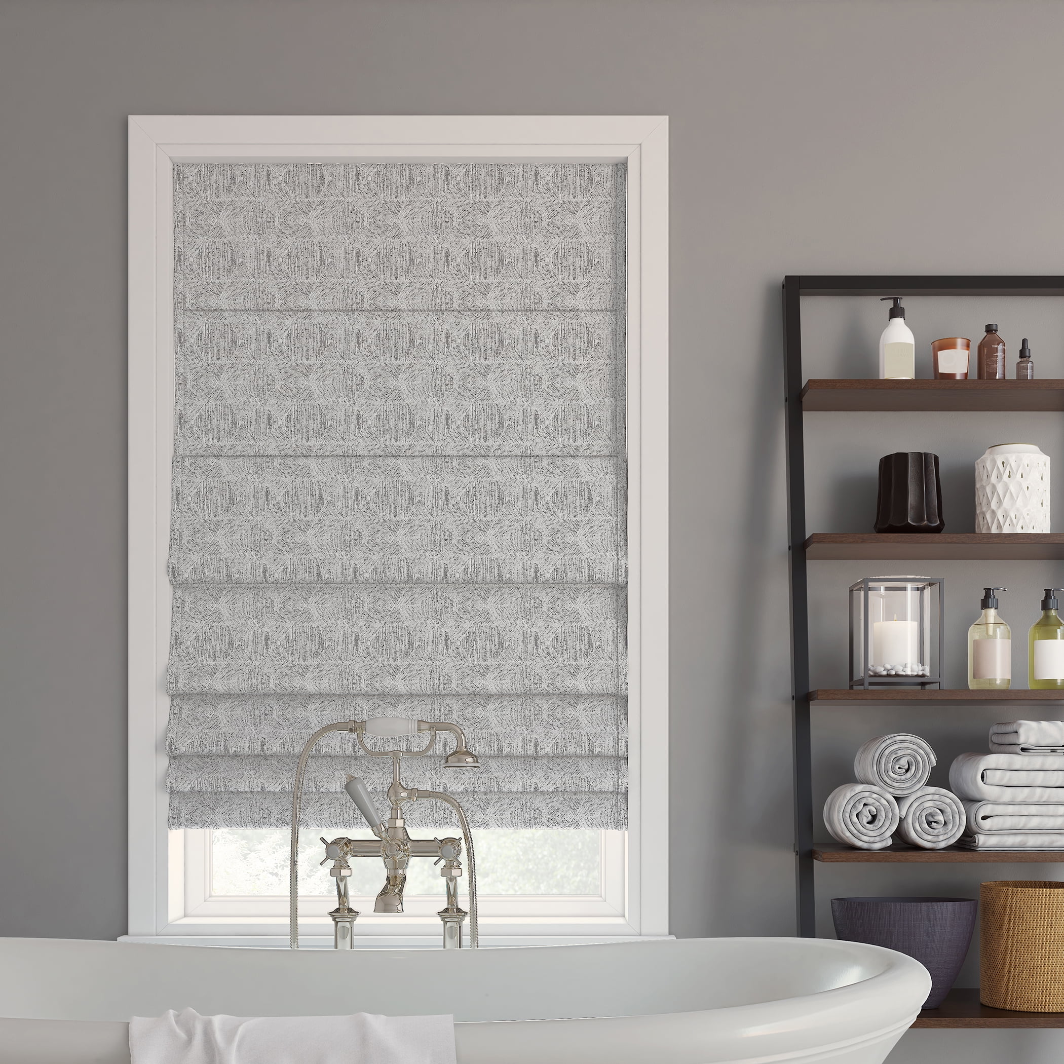 Sun Zero Talmage Tonal Geometric 100% Blackout Cordless Roman Shade, 27"x64", Steel Gray