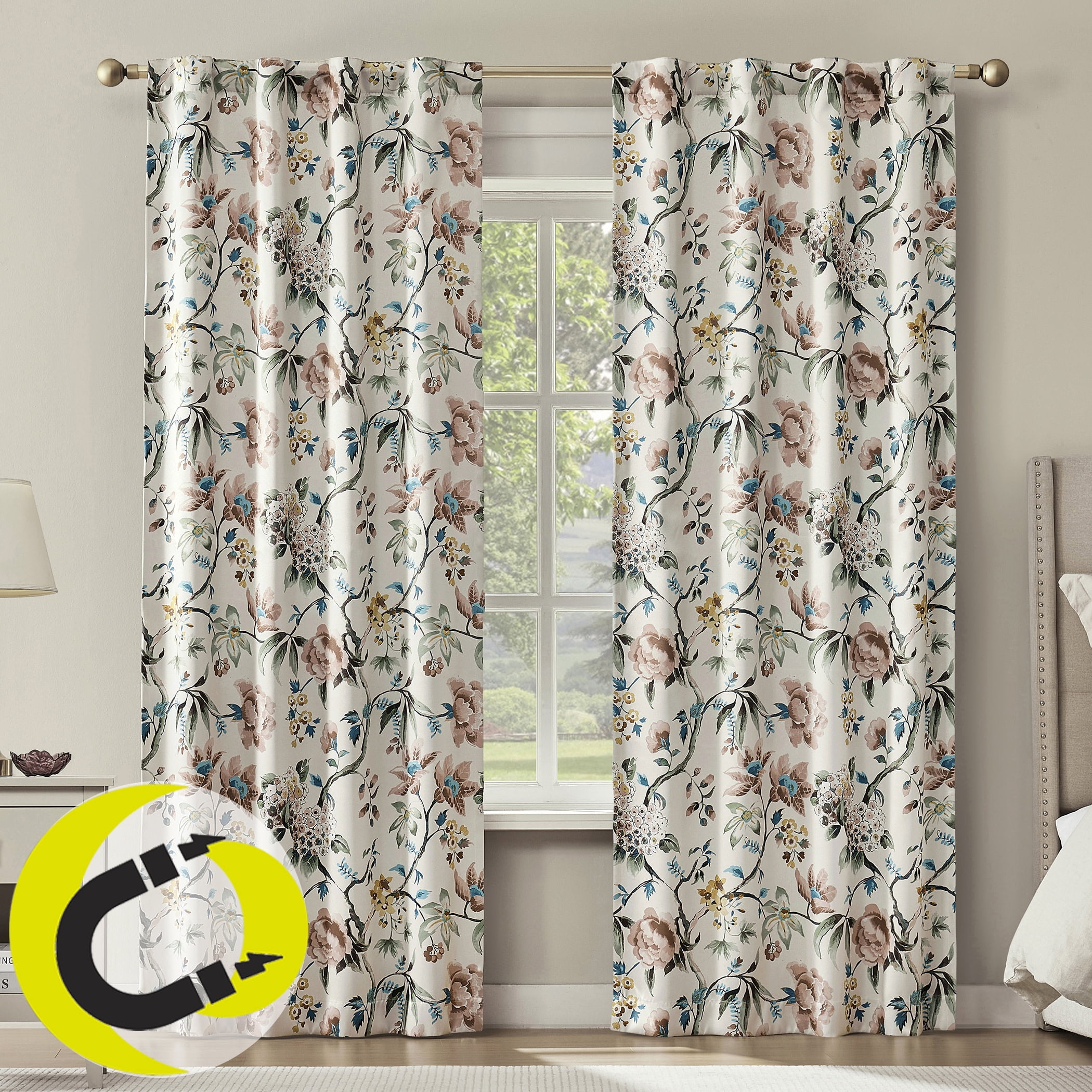 Sun Zero Therese 2-pack Vintage Floral Magnetic Closure 100% Blackout Back Tab/Rod Pocket Curtain Panel Pair, 40"W x 84"L, Stone