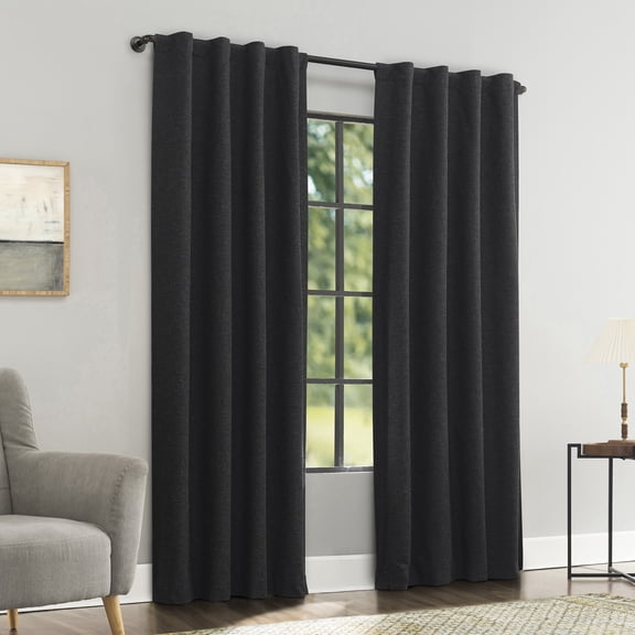 Sun Zero Treviso Linen Blend Magnetic Closure 100% Blackout Back Tab Curtain Panel, 40"W x 96"L, Black