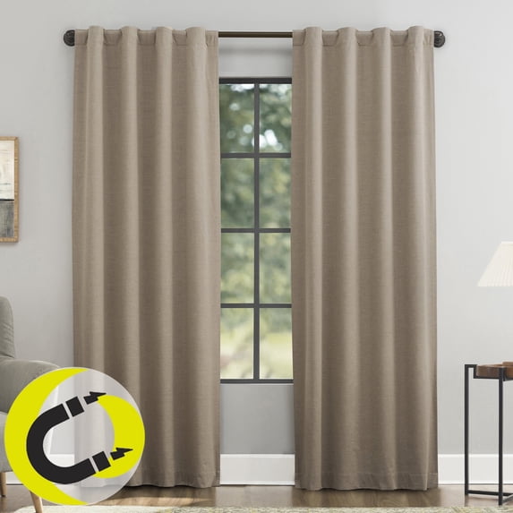 Sun Zero Treviso Linen Magnetic Closure 100% Blackout Back Tab/Rod Pocket Curtain Panel, 40"W x 96"L, Taupe