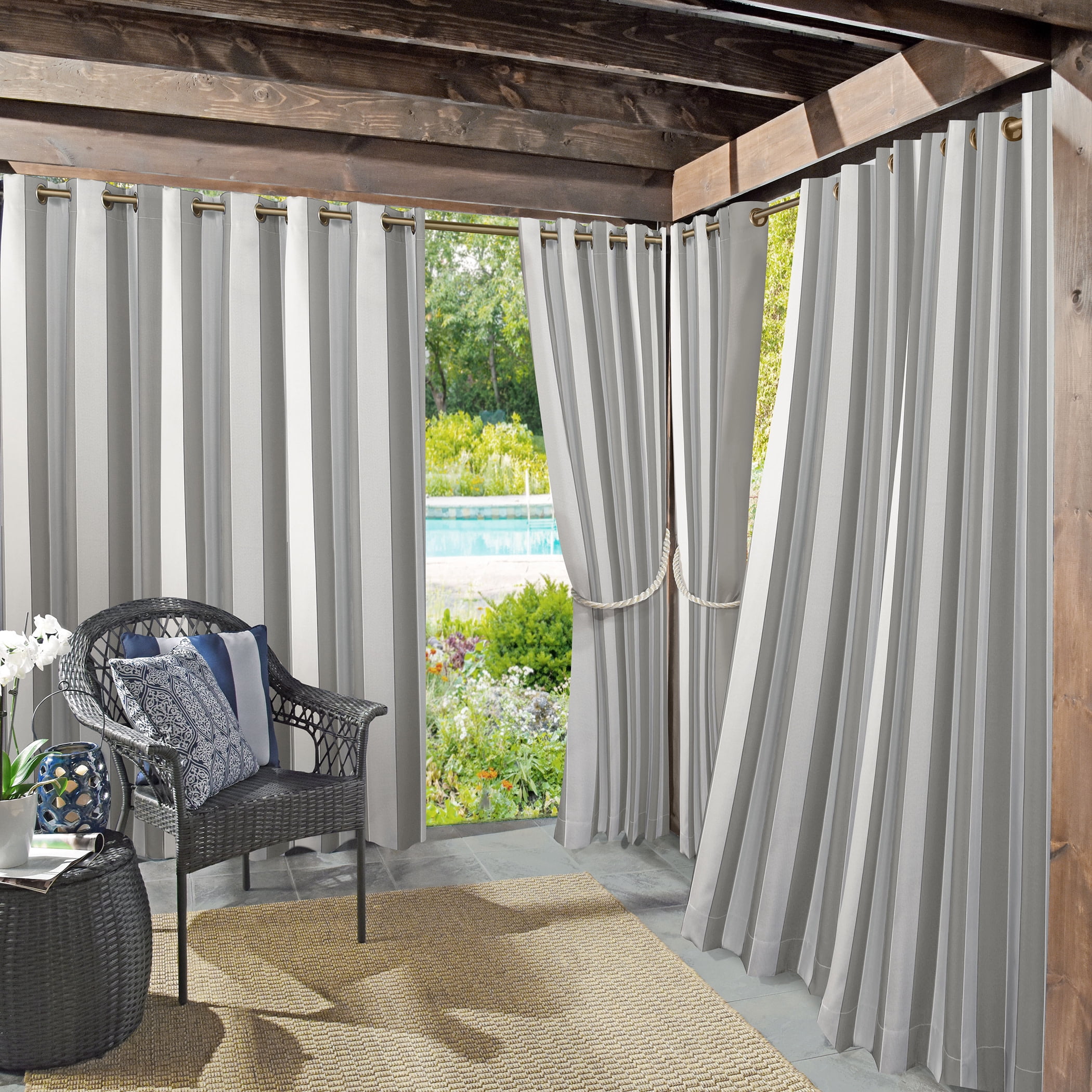 Sun Zero Valencia Cabana Stripe Indoor/Outdoor Uv Protectant Room Darkening Grommet Curtain Panel, 54"X108", Gray, 54"X108", Gray/Stripe