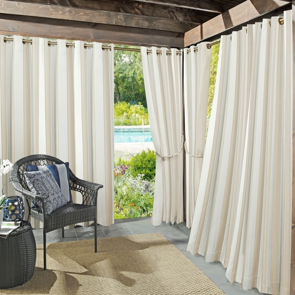 Sun Zero Valencia Cabana Stripe Indoor/Outdoor Uv Protectant Room Darkening Grommet Curtain Panel, 54"X84", Khaki, 54"X84", Khaki/Stripe