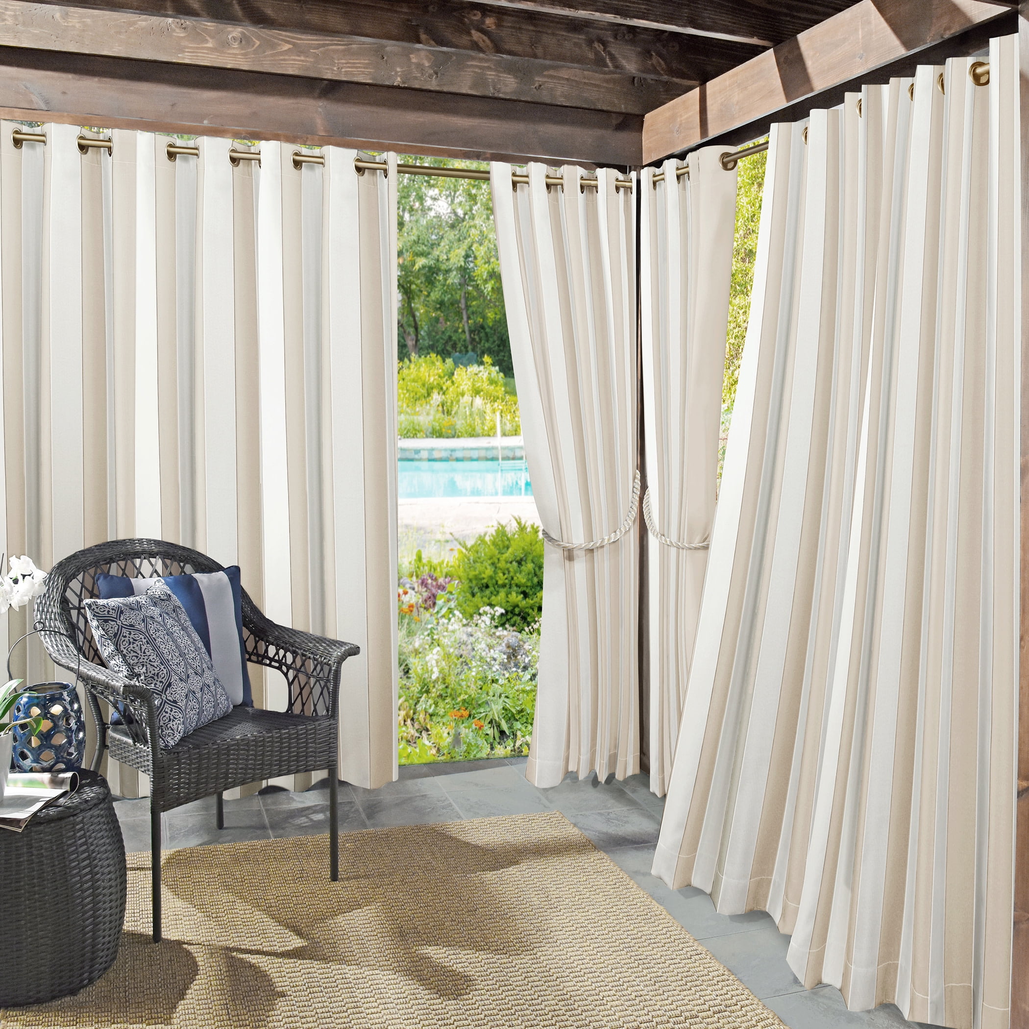 Sun Zero Valencia Cabana Stripe Indoor/Outdoor Uv Protectant Room Darkening Grommet Curtain Panel, 54"X95", Khaki, 54"X95", Khaki/Stripe