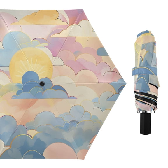 Sun and Colorful Clouds All Weather Umbrella Triple Folding Parasol 6 Ribs UV Protection Portable
