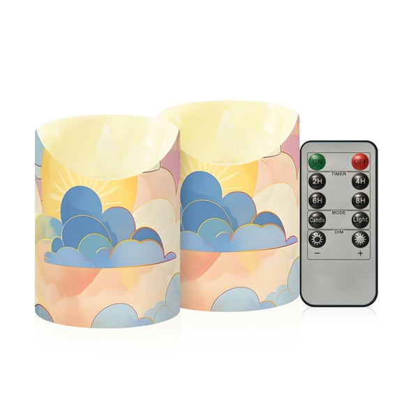 Sun and Colorful Clouds Flickering Flameless Candles with Remote Timer Battery Operated LED Tealight Set of 2 S