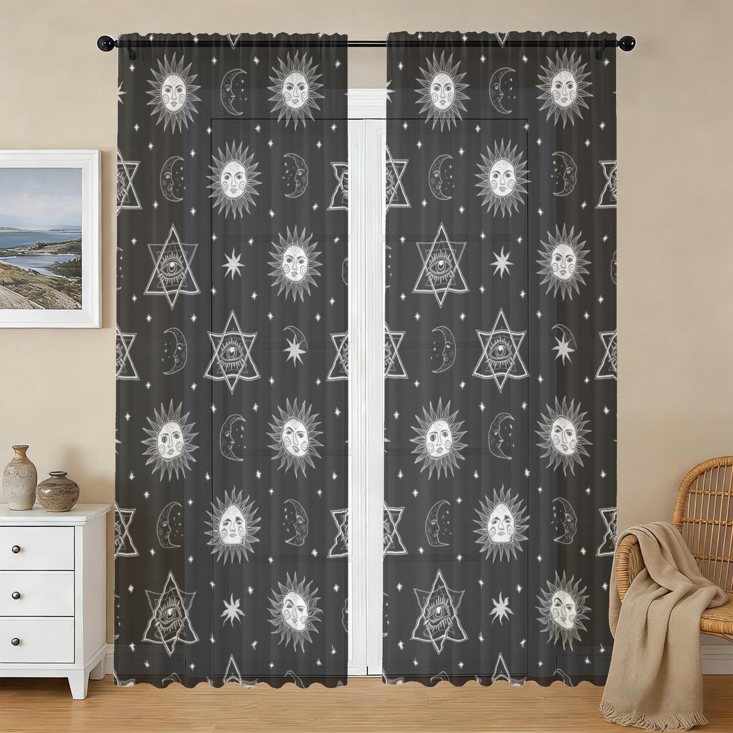 Pattern Colthings Sun and Eye Gothic Pattern Sheer Curtains, Voile Drapes with Dual Rod ...