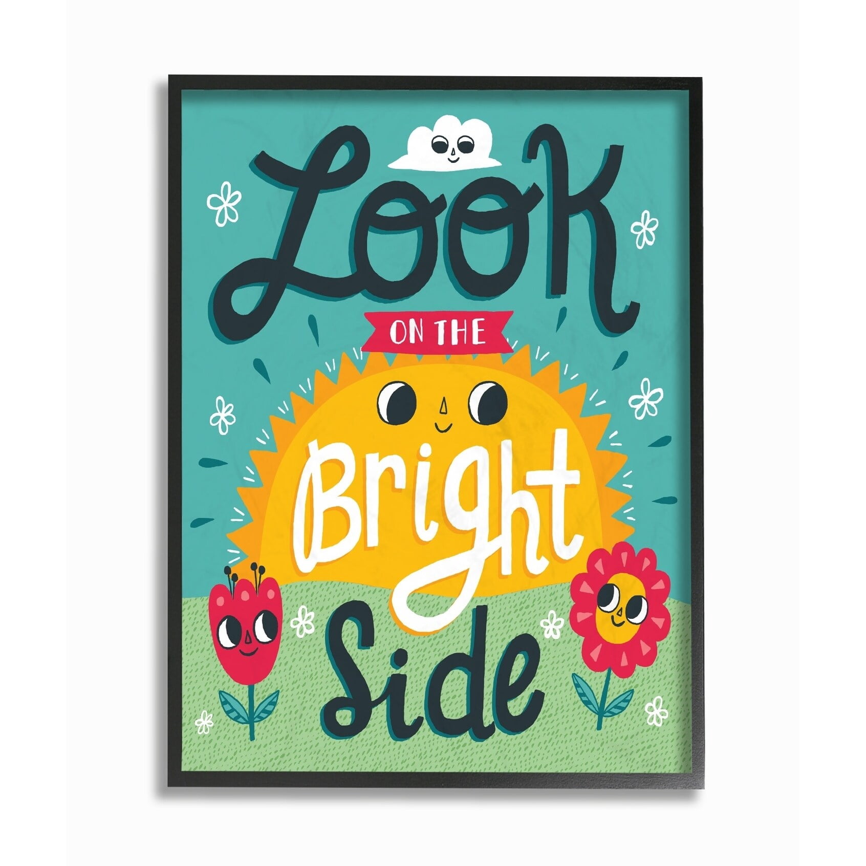 Sun and Flowers Script Lettering Look On The Bright Side Framed Giclee Texturized Art, 11 x 14