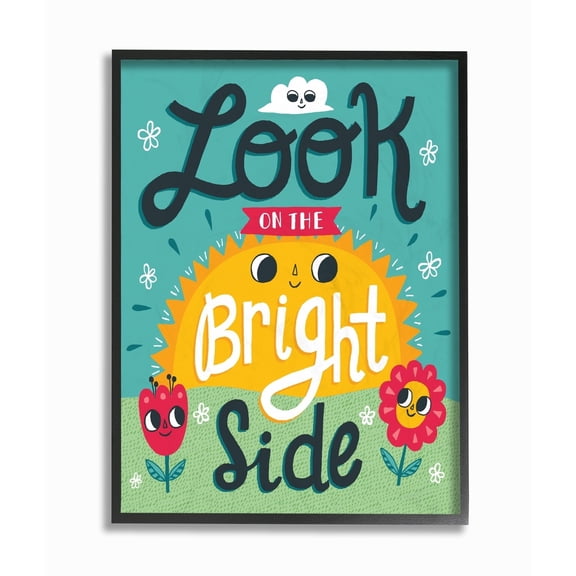 Sun and Flowers Script Lettering Look On The Bright Side Framed Giclee Texturized Art, 11 x 14