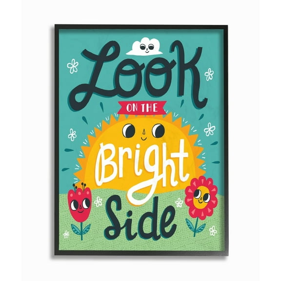 Sun and Flowers Script Lettering Look On The Bright Side Framed Giclee Texturized Art, 11 x 14