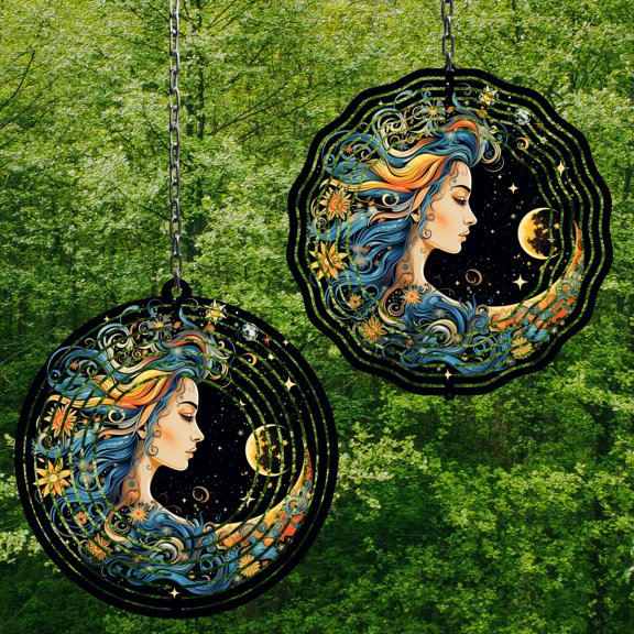 Sun and Moon 10 Inch Metal Wind Spinner, 3D Kinetic Outdoor Hanging Garden Decor for Yard Patio, Gift for Women and Men