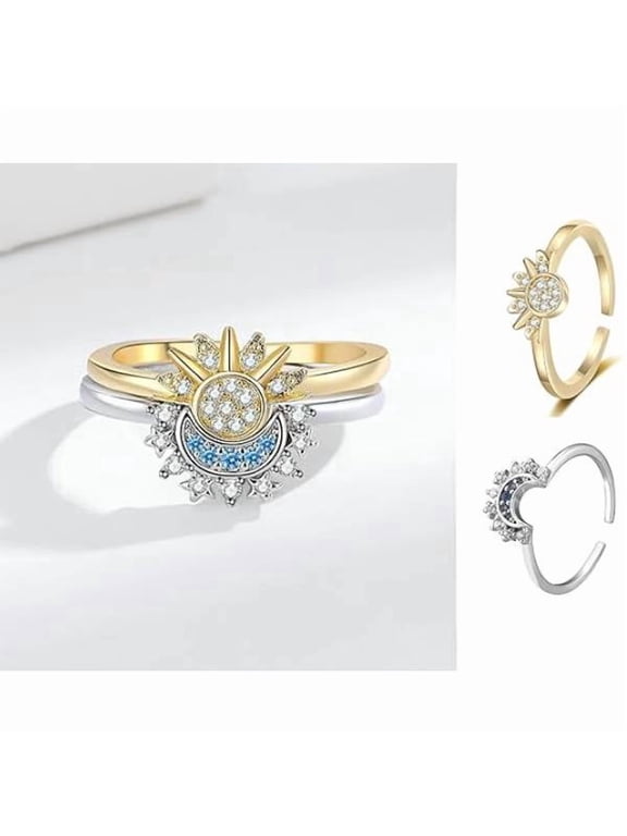 Sun and Moon 2 Piece Adjustable Ring Set | Gold Silver Tone CZ Celestial Promise Rings | Matching Jewelry Gift for Her
