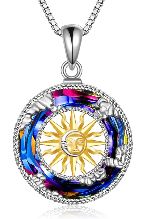 Sun and Moon 925 Sterling Silver Necklace Couple Love Celestial Sun and Moon Crystal Jewelry for Women