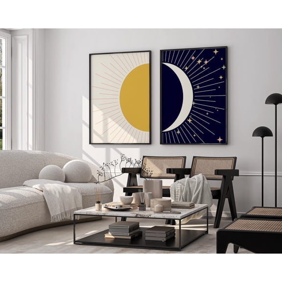 Sun and Moon Art Prints Sun and Moon Boho Print Artwork Set 2 Stretched Canvas 12x18