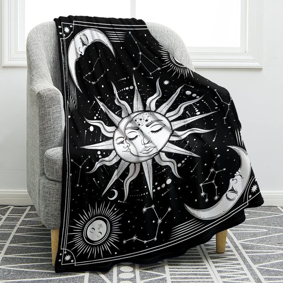 Sun and Moon Blanket Burning Sun with Star Print Blanket Psychedelic Throw Lightweight Cozy Warm for Bed Couch Kids Youth Gift 60"x80"