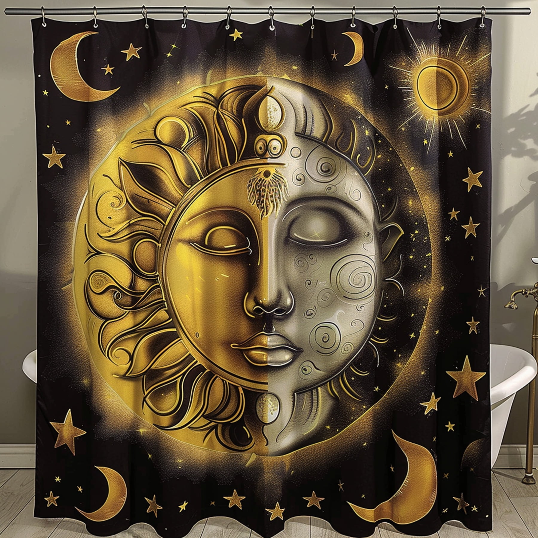 Sun and Moon Celestial Fantasy Art Shower Curtain with Stars and Moons