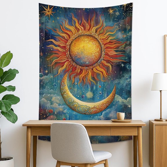Sun and Moon Colorful Tapestry, Celestial Stars Decorative Wall Hanging, Bohemian Aesthetic for Bedroom, Living Room, Meditation 40x60 Inch