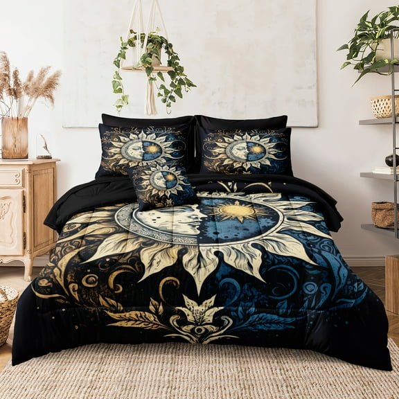 Sun and Moon Comforter Set Black Boho Bedding Set Celestial Galaxy Starry Space Bedding Comforter Mandala Exotic Black Bed in A Bag