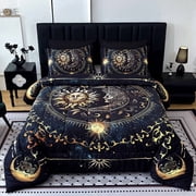 Sun and Moon Comforter Set, Celestial Bohemian Bedding, Black and Gold, with 2 Pillowcases.(Queen)