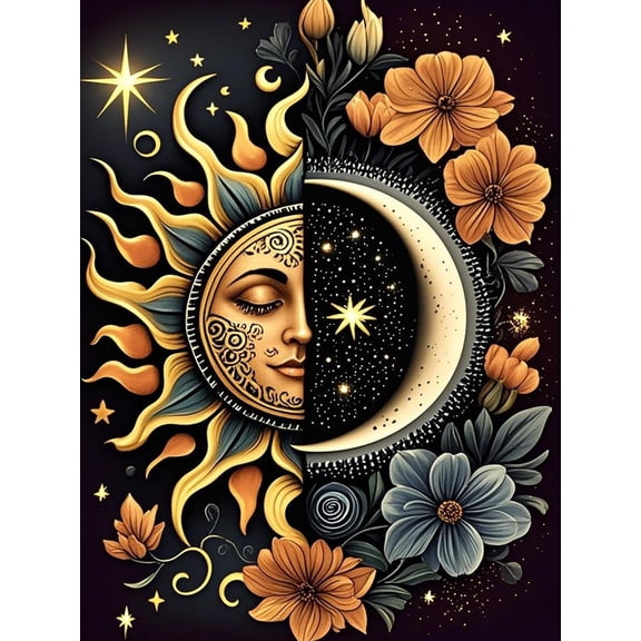 Sun and Moon DIY 5D Diamond Painting Kit, Boho Floral Celestial Full Drill Diamond Art, Mystical Wall Decor for Bedroom Living Room