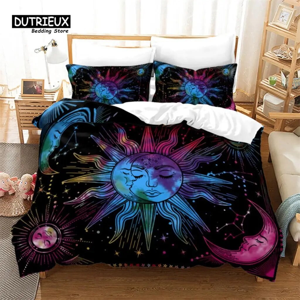 Sun and Moon Duvet Cover Microfiber Galaxy Black Bedding Set Constellation Astrology Comforter