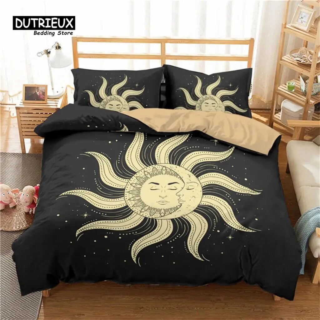 Sun and Moon Duvet Cover Microfiber Galaxy Black Bedding Set Constellation Astrology Comforter