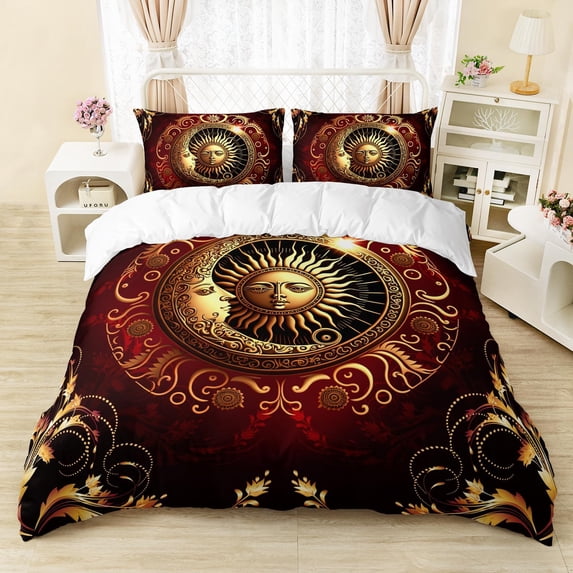 Sun and Moon Duvet Cover Set, Red and Gold Bedding Set for Boys,Girls,Boho Hippie Pattern Comforter Cover,3-Piece, 1 Quilt Cover + 2 Pillowcases