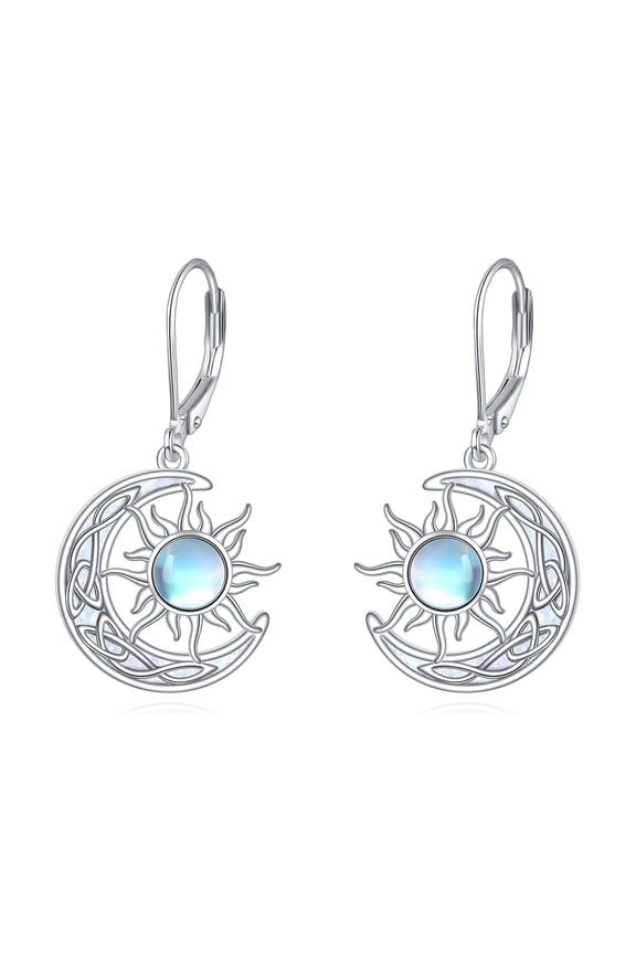 Sun and Moon Earrings for Women 925 Sterling Silver Opal Celtic Dangle Drop Crescent Moon Moonstone Leverback Jewelry Gift