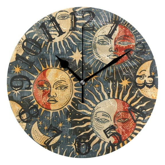 Sun and Moon Face 10 inch Wall Clocks Non Ticking Easy to Read Battery Decorative for Home Bathroom Kitchen Bedroom Living Room