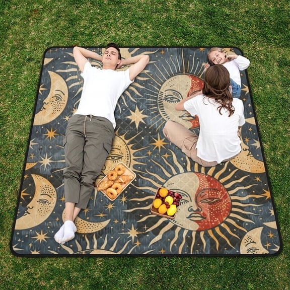Sun and Moon Face Beach Blanket Outdoor Picnic Blanket 78"x 78" Waterproof Foldable for Beach Camping Travel Hiking Grass Lawn Park