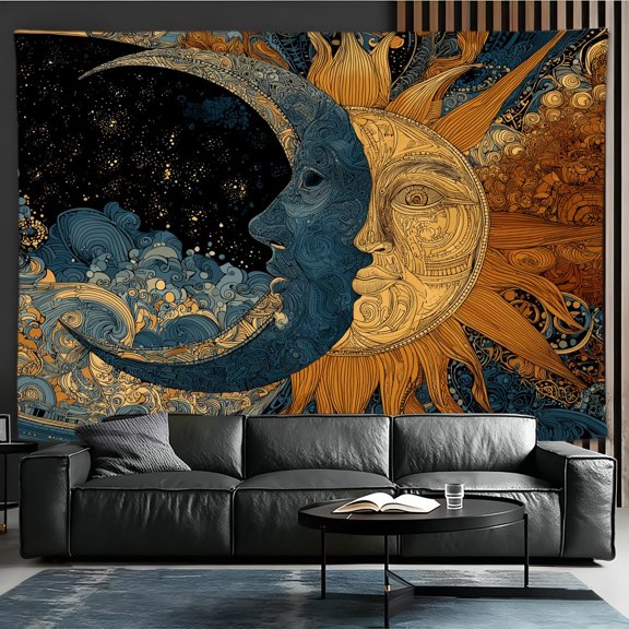 Sun and Moon Face Celestial Tapestry, Gold Line Art Stars and Ocean Waves Wall Decor, Large Wall Hanging for Bedroom Dorm 40x60inch