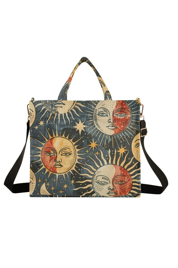 Sun and Moon Face Corduroy Tote Bag Handbag Large Messenger Bag Shoulder Crossbody Zipper Bag Purse