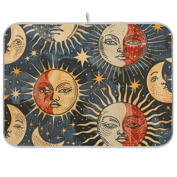 Sun and Moon Face Dish Drying Mat Dish Drainer Rack Mats Water Absorbent Non-Slip Easy Clean Heat Resistant for Kitchen Counter