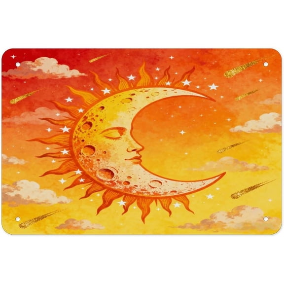 Sun and Moon Face Metal Tin Sign Wall Art 8 x 12 Inch Rustic Iron Poster for Home Kitchen Bathroom Garden Garage Decor